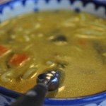 Karrysuppe med kylling, nudler og kokosmælk