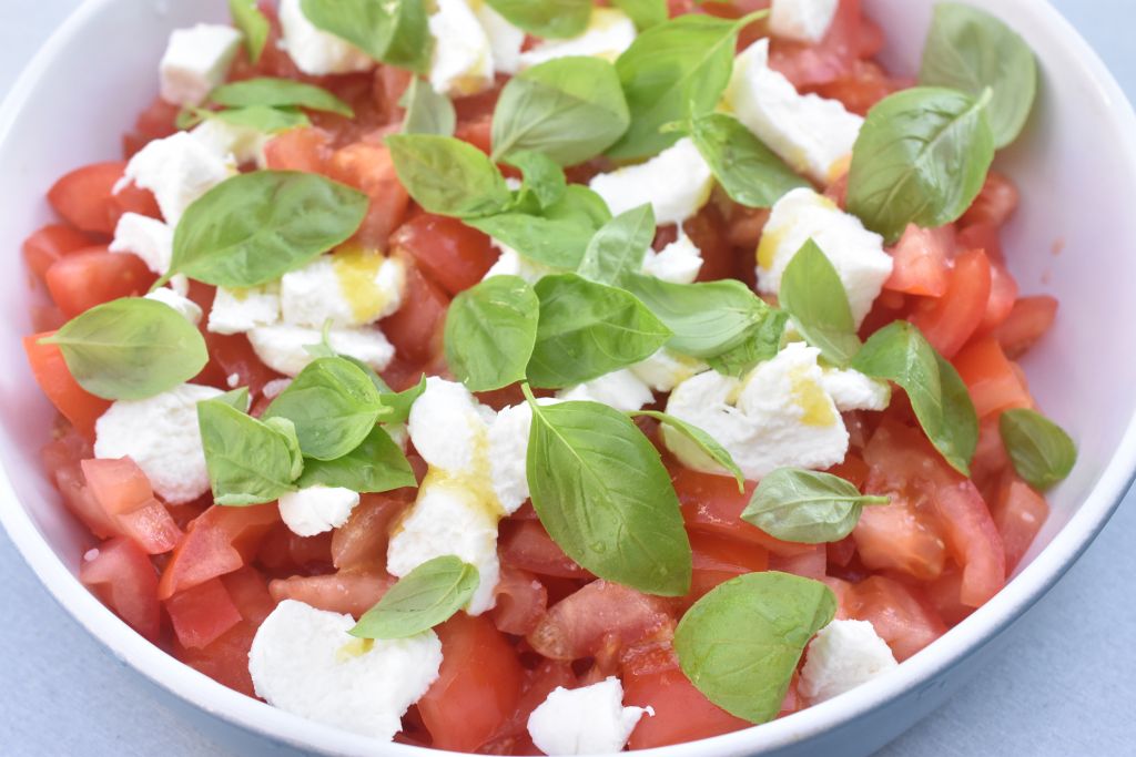 Tomatsalat med olie eddike dressing & mozzarella – opskrift