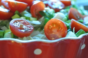 Grøn salat med iceberg, tomat og forårsløg