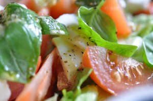 Tomatsalat med mozzarella og olie eddike dressing