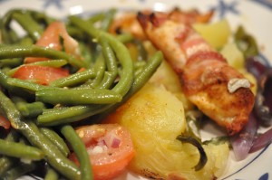 Kyllingeinderfilet i ovn med bacon og kartofler