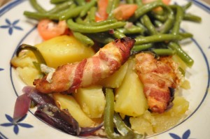 Kyllingeinderfilet i ovn med bacon og kartofler