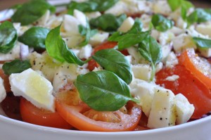 Tomatsalat med mozzarella, basilikum & rødløg