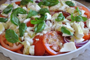 Tomatsalat med mozzarella, basilikum & rødløg