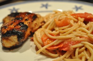 Ostepasta med tomat og stegt kyllingefilet - nem opskrift 