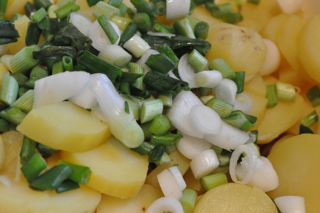 Kartoffelsalat med feta, tomat og forårsløg