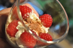 Nem hindbærdessert med fløde og marengs