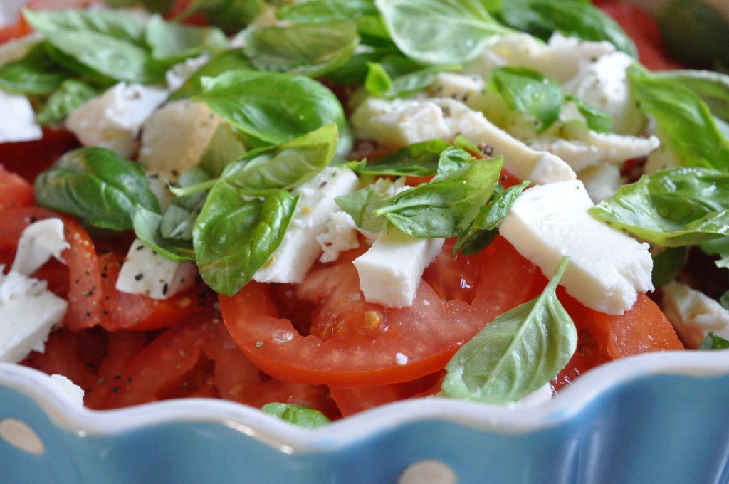 Tomatsalat med mozzarella, basilikum & rødløg