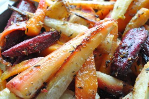 Bagte rodfrugter i ovn med honning & sennep