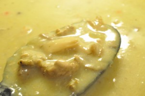 Suppe med svinekød, karry og grøntsager