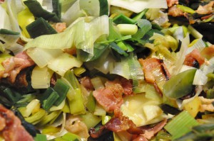 Kalkunbryst med porrer, bacon, fløde og tomat