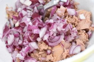 Tunmousse med creme fraiche - uden husblas - tunfisk blandes med løg