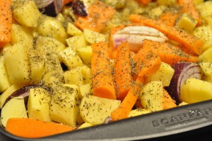 Mørbrad i ovn med kartofler og grøntsager