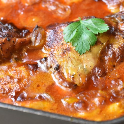 Kylling i fad med paprika flødesovs opskrift