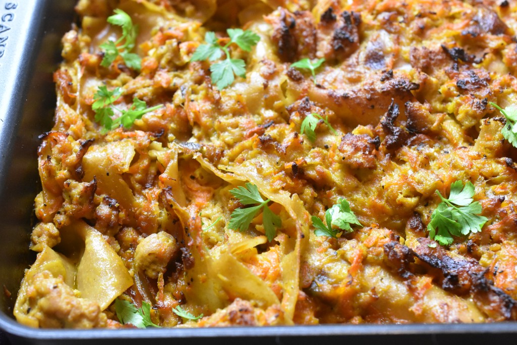 Kyllingelasagne med kokosmælk og karry