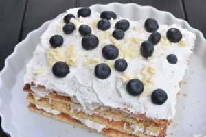 Firkantet lagkage med rabarber og kokos