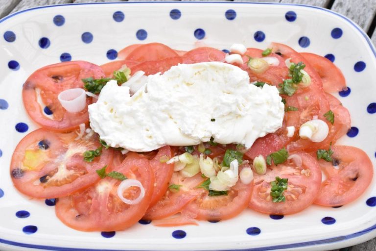 Tomatsalat med mozzarella, basilikum & rødløg