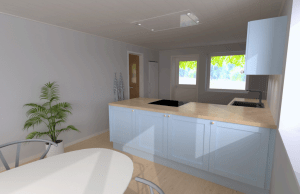 Perspektivtegning4 • nogetiovnen.dk Nyt lyseblåt køkken i sommerhuset - se en forvandling