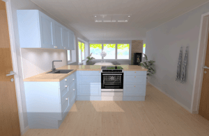 Perspektivtegning5 • nogetiovnen.dk Nyt lyseblåt køkken i sommerhuset - se en forvandling